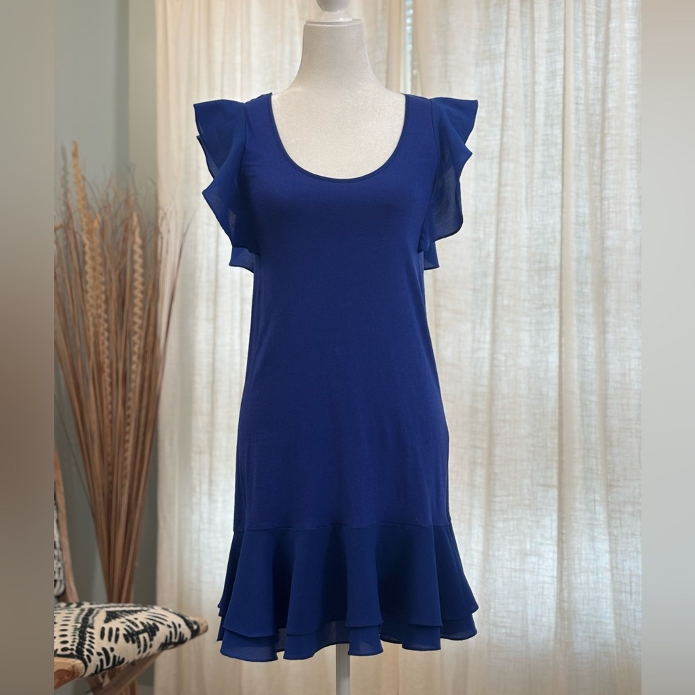 French Connection Blue Flutter Sleeve Ruffle Hem Dress Size Small